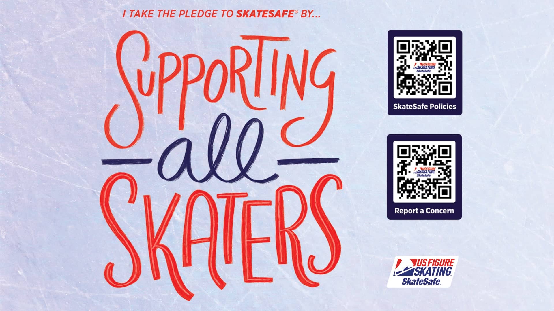 Graphic saying "I take a pledge to SkateSafe by supporting all skaters" with QR codes linking to the SkateSafe Policies page and Report a Concern page